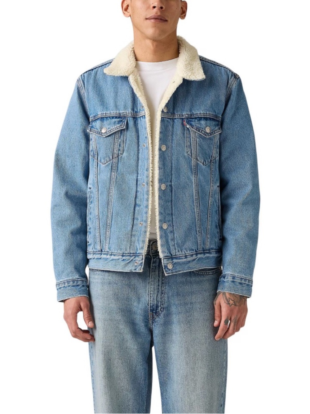 Levi’s Men’s Light Wash Denim Sherpa Jacket - Blue with Cream Collar